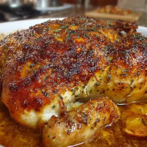 Juicy Garlic Roasted Chicken served with herbs and spices