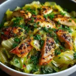Plate of garlic-sautéed cabbage served alongside juicy chicken pieces