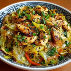 Delicious garlic-sautéed cabbage served with chicken on a plate