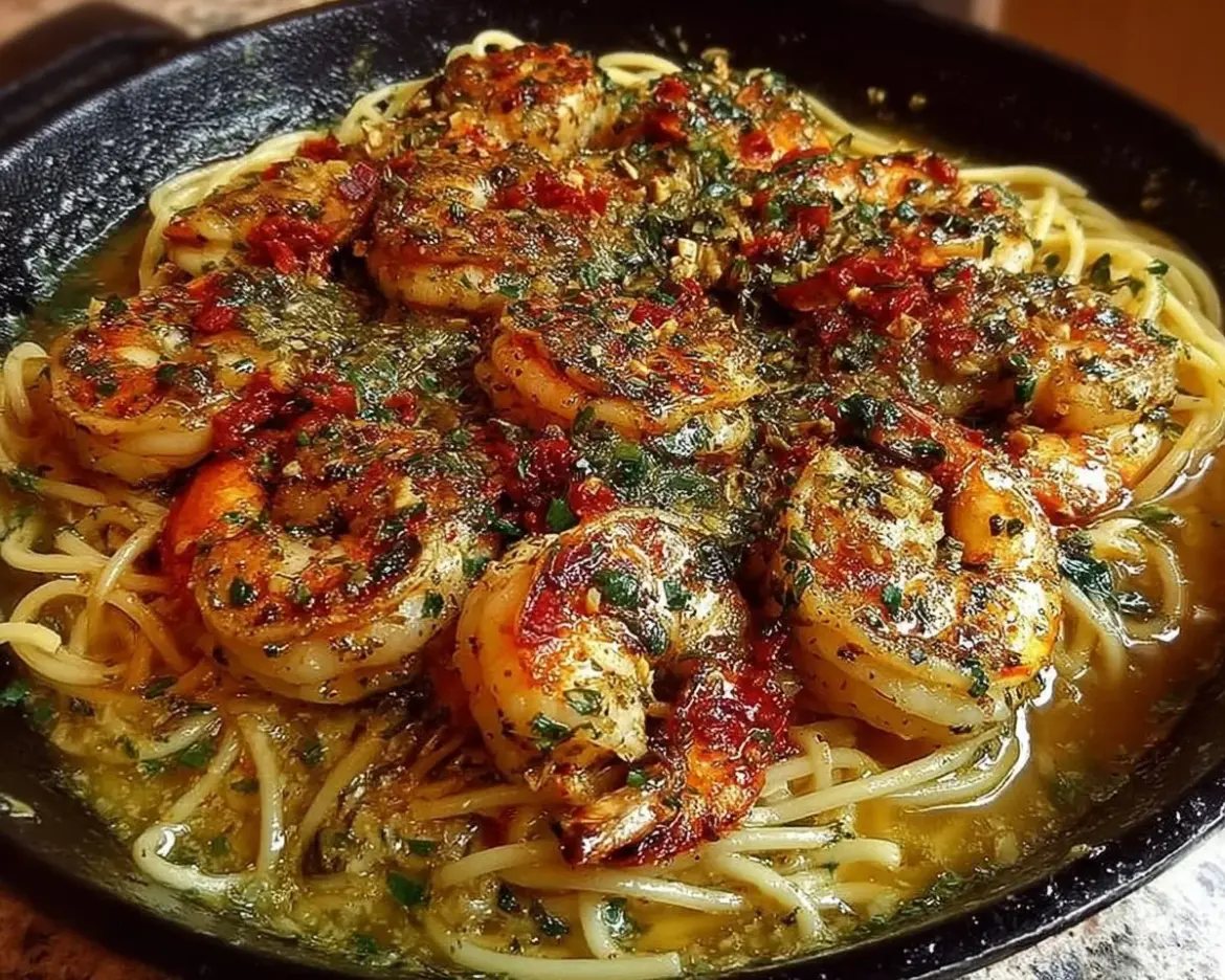 Delicious Garlic Shrimp Pasta served in a bowl with parsley garnish