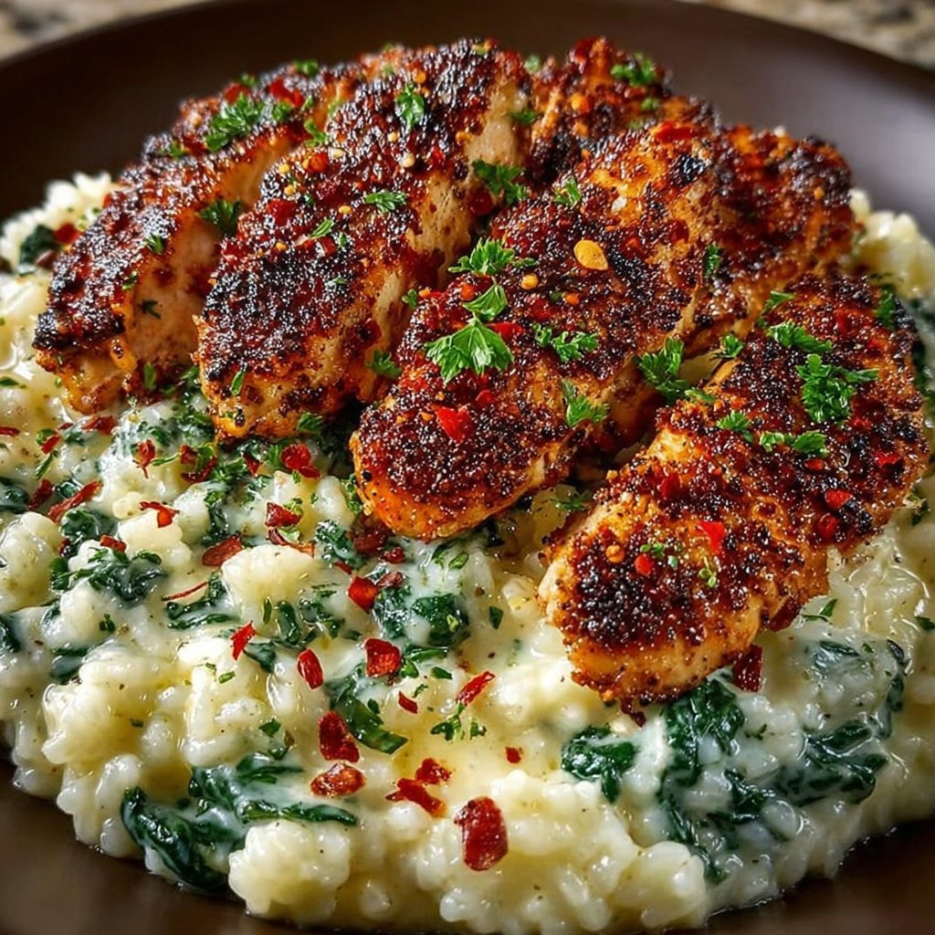 Creamy Parmesan Spinach Rice with Spicy Garlic Chicken