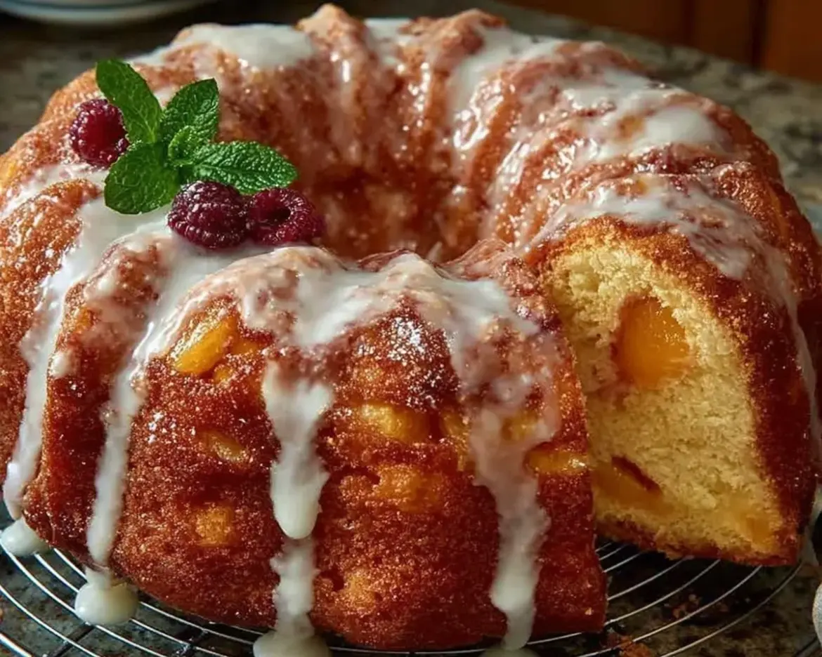 Delicious slice of Georgia Peach Pound Cake topped with fresh peaches