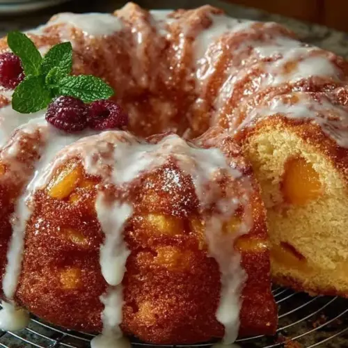 Delicious slice of Georgia Peach Pound Cake topped with fresh peaches