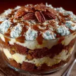 German Chocolate Cake Trifle with layers of chocolate, frosting, and coconut pecan topping.