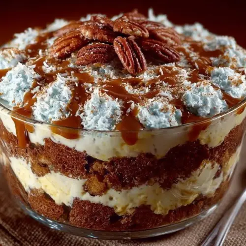 German Chocolate Cake Trifle with layers of chocolate, frosting, and coconut pecan topping.