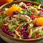 Ginger Sesame Chicken Coleslaw Salad with fresh vegetables and sesame dressing.