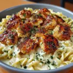 Golden Garlic Chicken bites served on creamy Parmesan pasta dish