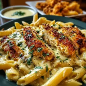 Golden Parmesan Chicken Penne with creamy sauce in a serving bowl