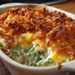 Delicious Green Bean Gratin served in a casserole dish, topped with cheese and breadcrumbs