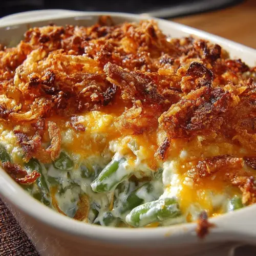 Delicious Green Bean Gratin served in a casserole dish, topped with cheese and breadcrumbs