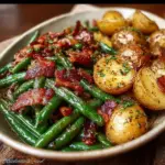 Delicious green beans and potatoes with bacon in a serving dish
