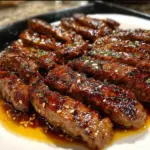 Juicy honey glazed steak strips cooked in a grill pan for flavorful meals.