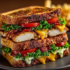 Delicious grilled chicken club sandwich with fresh ingredients and crispy bacon
