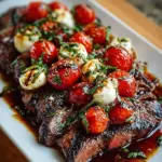 Grilled steak caprese with fresh tomatoes and basil topped with balsamic reduction