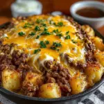 Delicious ground beef casserole topped with cheese and vegetables