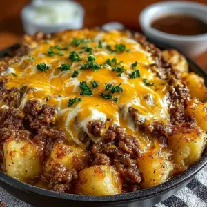 Delicious ground beef casserole topped with cheese and vegetables