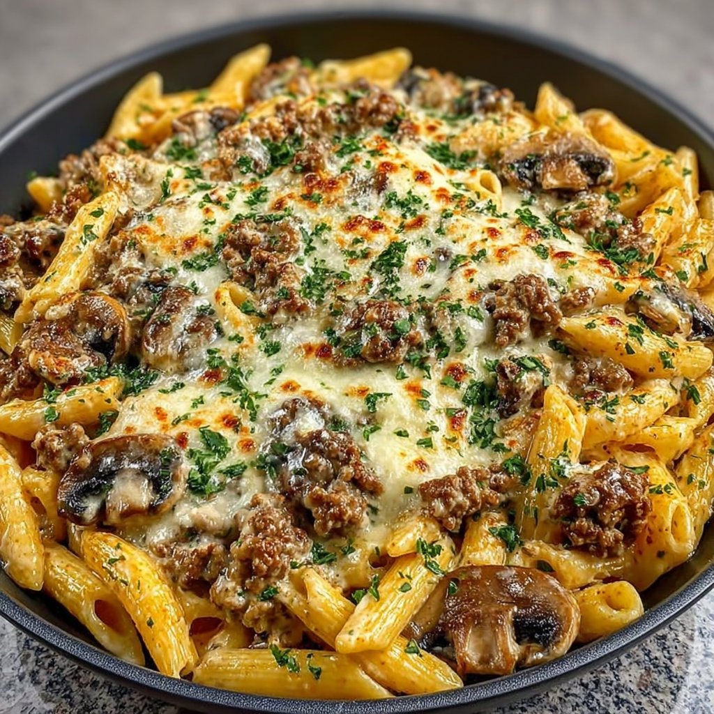 Cheesy Beef Stroganoff Penne in Velveeta Sauce