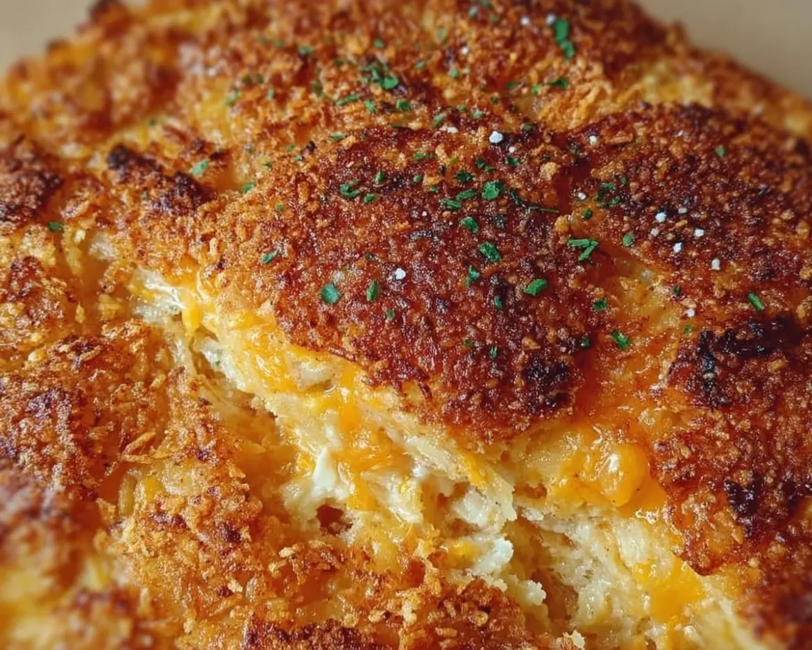 Delicious Hash Brown Chicken Casserole topped with melted cheese and herbs