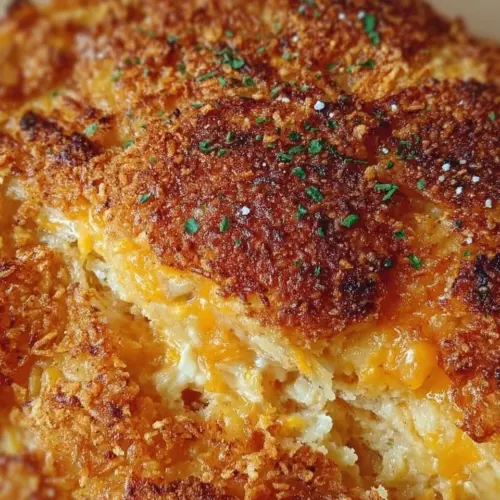 Delicious Hash Brown Chicken Casserole topped with melted cheese and herbs