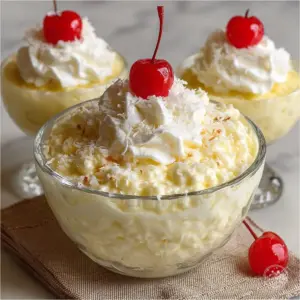 Bowl of Hawaiian Pineapple Coconut Fluff dessert with fresh pineapple and coconut