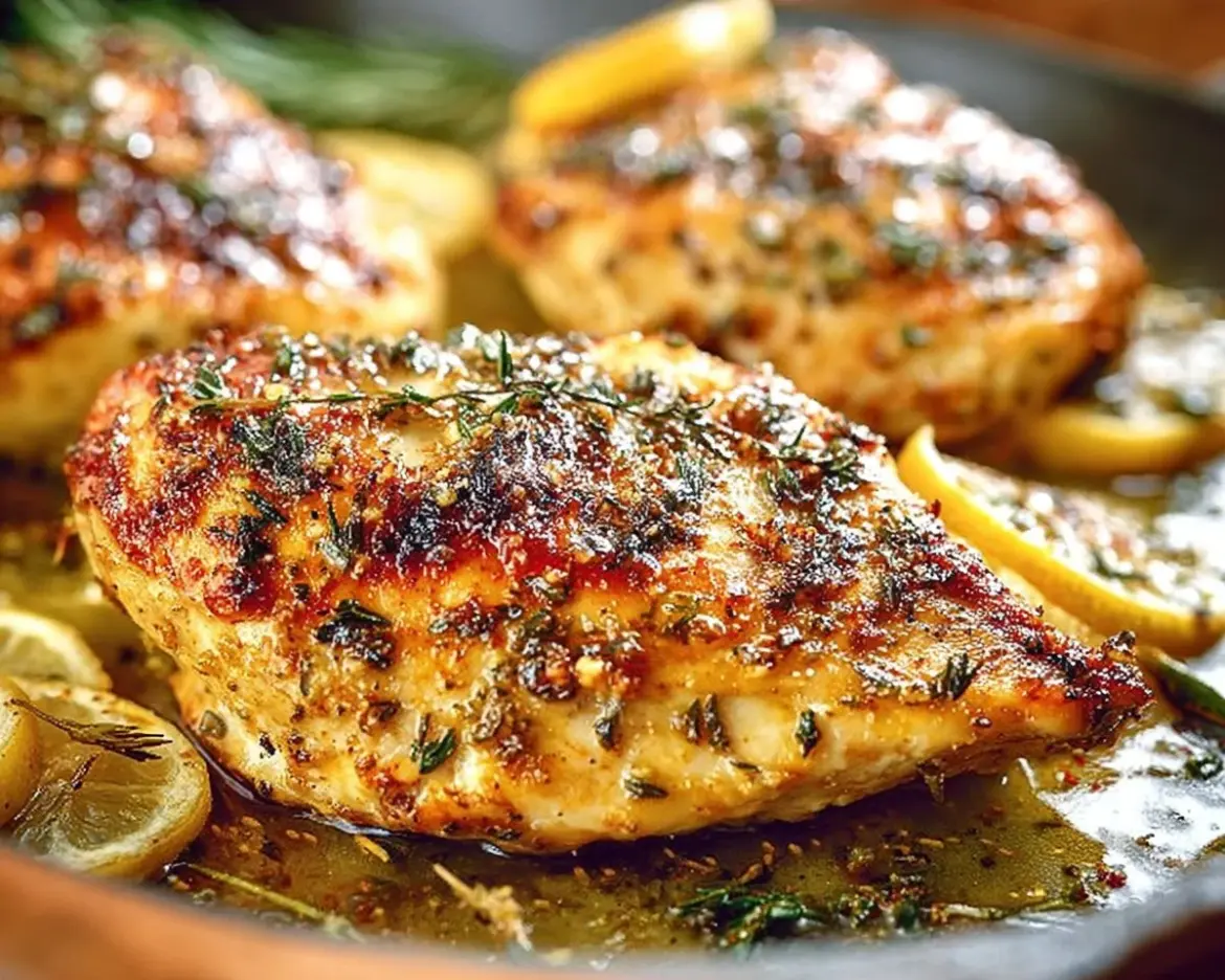 Healthy baked lemon chicken recipe on a plate garnished with fresh herbs.