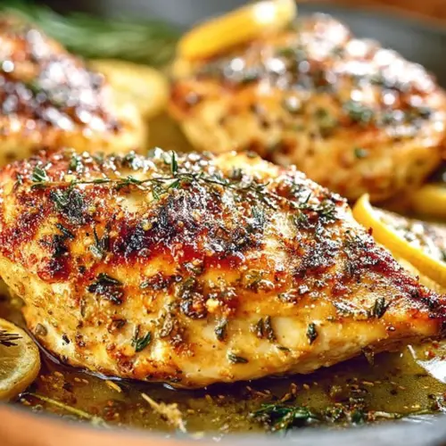 Healthy baked lemon chicken recipe on a plate garnished with fresh herbs.