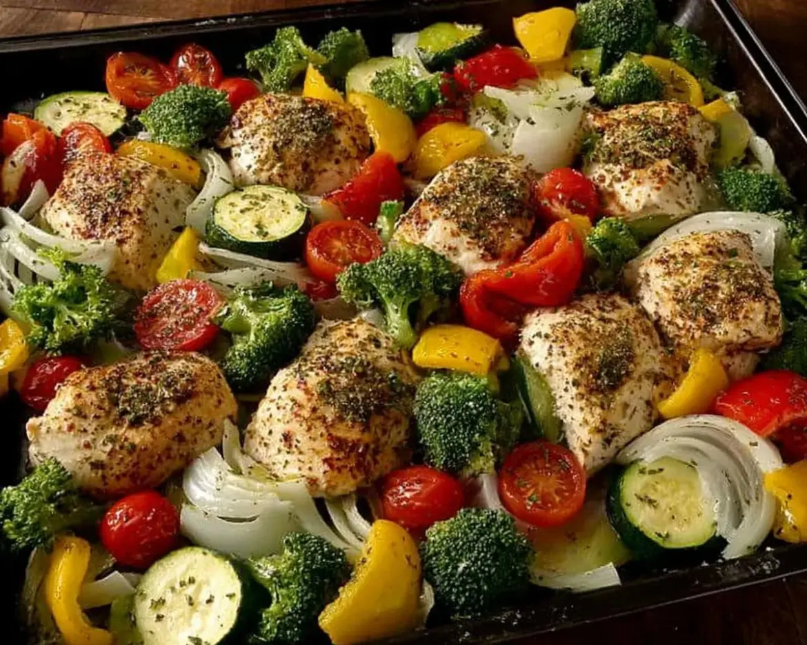Healthy roasted chicken served with a variety of colorful veggies