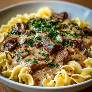 Hearty old-fashioned beef stroganoff served in a bowl with noodles and parsley.