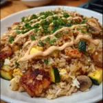 Delicious Hibachi chicken fried rice with vegetables and chicken pieces
