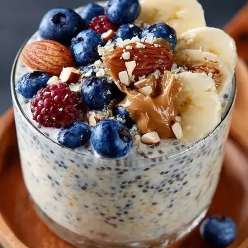 Bowl of high-protein overnight oats topped with fruits and nuts