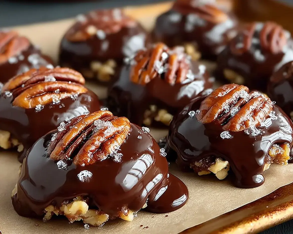 Delicious homemade chocolate turtles with caramel and nuts