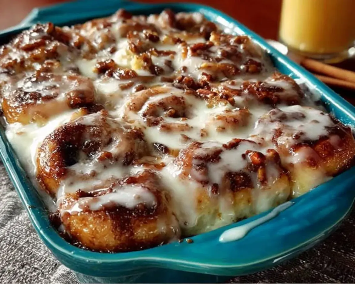 Homemade cinnamon roll casserole fresh out of the oven, topped with icing.
