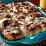 Homemade cinnamon roll casserole fresh out of the oven, topped with icing.