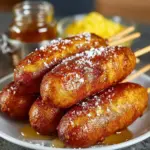A plate of homemade corn dogs served with mustard and dipping sauce.