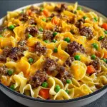 Delicious Beef and Cheddar Egg Noodle Bake served in a casserole dish