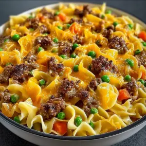 Delicious Beef and Cheddar Egg Noodle Bake served in a casserole dish