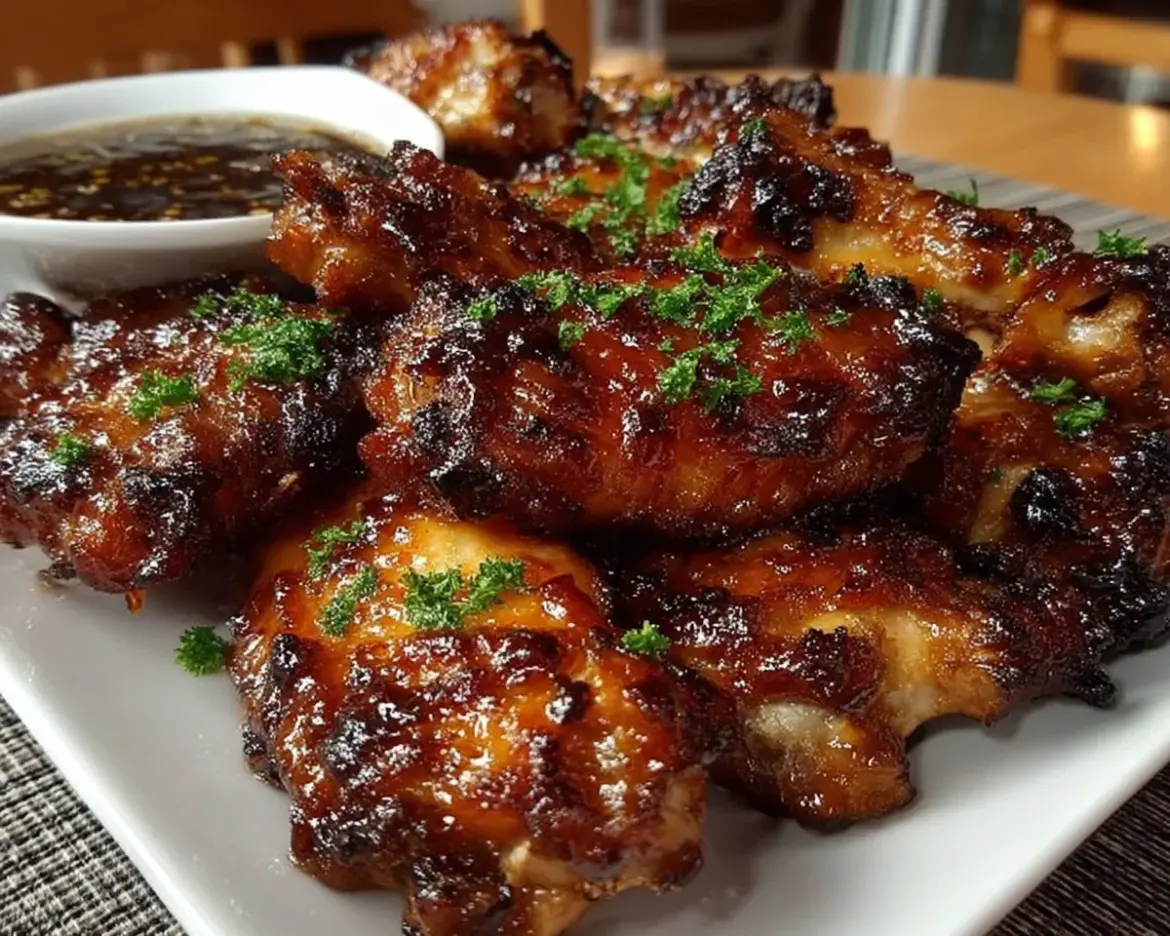 Delicious Honey Bourbon Chicken Wings garnished with green onions
