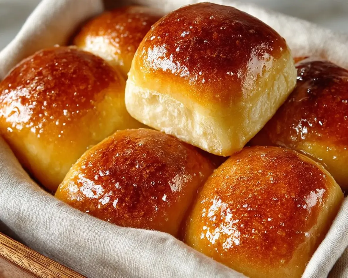 Freshly baked honey butter rolls on a wooden platter