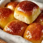 Freshly baked honey butter rolls on a wooden platter