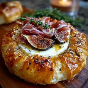 Delicious Honey, Fig & Prosciutto Baked Brie served with crackers