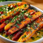 Honey garlic butter roasted carrots on a plate, garnished and ready to serve.