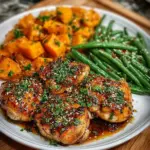 Delicious Honey Garlic Chicken served with sweet potatoes and green beans