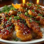 Delicious honey garlic chicken strips glazed with savory honey garlic sauce