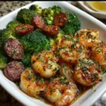 Plate of Honey Garlic Shrimp with sausage and broccoli, garnished and ready to serve
