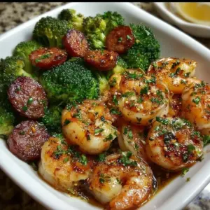 Plate of Honey Garlic Shrimp with sausage and broccoli, garnished and ready to serve