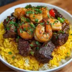 Honey Garlic Steak & Shrimp served on yellow rice, a delicious meal idea.