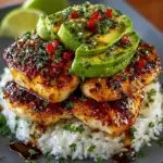 Honey Lime Chicken and Avocado Rice Stack on a plate