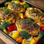 Honey Mustard Chicken Sheet Pan Dinner with roasted vegetables