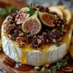 Honeyed Fig and Pecan Baked Brie topped with nuts and figs