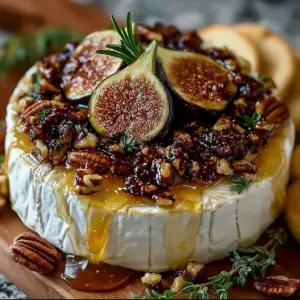Honeyed Fig and Pecan Baked Brie topped with nuts and figs